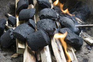 Leña y carbón haciendo fuego